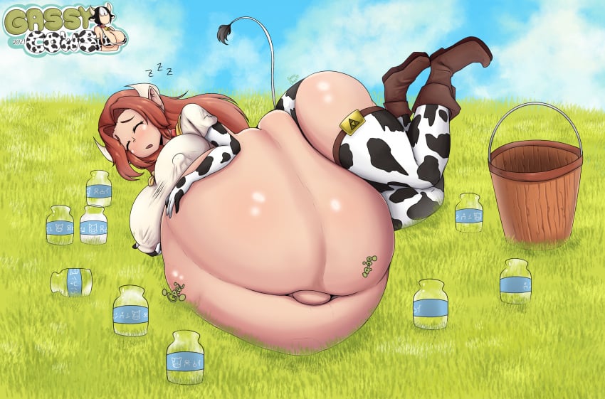 alternate_version_available belly_bigger_than_body belly_overhang big_ass bloated bloated_belly cow_ears cow_girl cow_print cow_tail funlitogc gassychan_(artist) gurgle gurgling gurgling_noise happy_female huge_breasts malon morbidly_obese morbidly_obese_female nintendo on_side overweight overweight_female the_legend_of_zelda