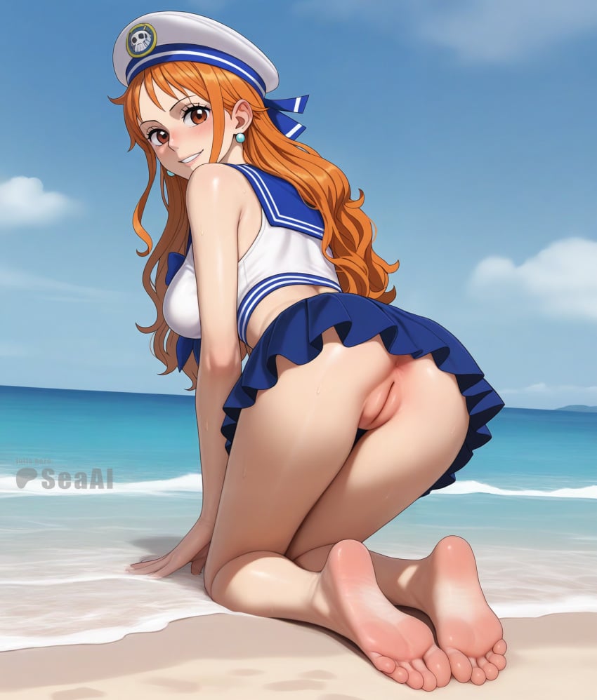 1girls ai_generated anus ass beach big_breasts clothing crop_top feet female female_only from_behind full_body nami nami_(one_piece) one_piece outdoors pussy sailor_hat sailor_uniform seacreator shounen_jump skirt smile soles solo toes