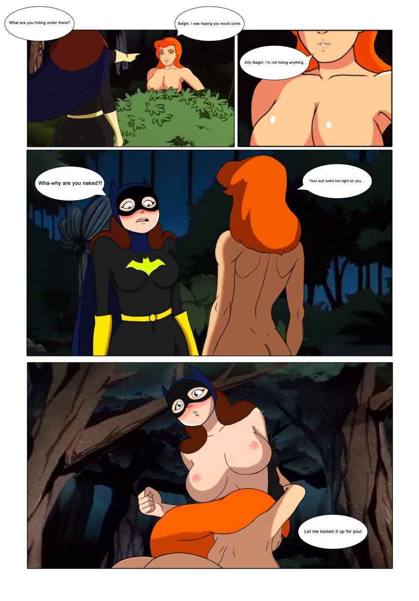 2girls areolae auburn_hair barbara_gordon batgirl batman:_the_animated_series batman_(series) bloodyblender blush breasts casual clothed clothed_female clothed_female_nude_female comic dc_comics dcau female female_only forest multiple_girls nipples nude nude_female pamela_isley poison_ivy poison_ivy_(dcau) red_hair stripped yuri