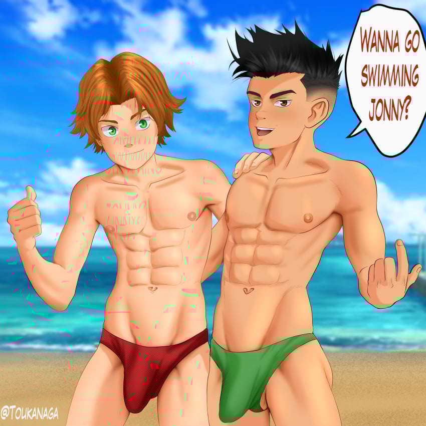 2boys abs bart_allen black_hair boys damian_wayne dc dc_comics green_eyes human male male_focus male_only red_hair robin_(damian_wayne) robin_(dc) teen_titans toned toned_male toukanaga