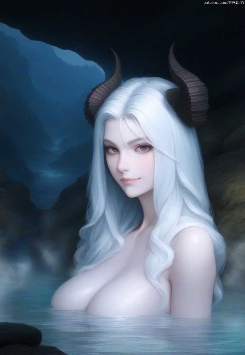 ai_generated bathing big_breasts breasts cave cleavage female female_only horn horns in_water large_breasts long_hair looking_at_viewer nai_diffusion naked naked_female novelai nude nude_female original original_character pale-skinned_female pale_skin patreon_username pujopg smile solo succubus taking_a_bath water young young_female