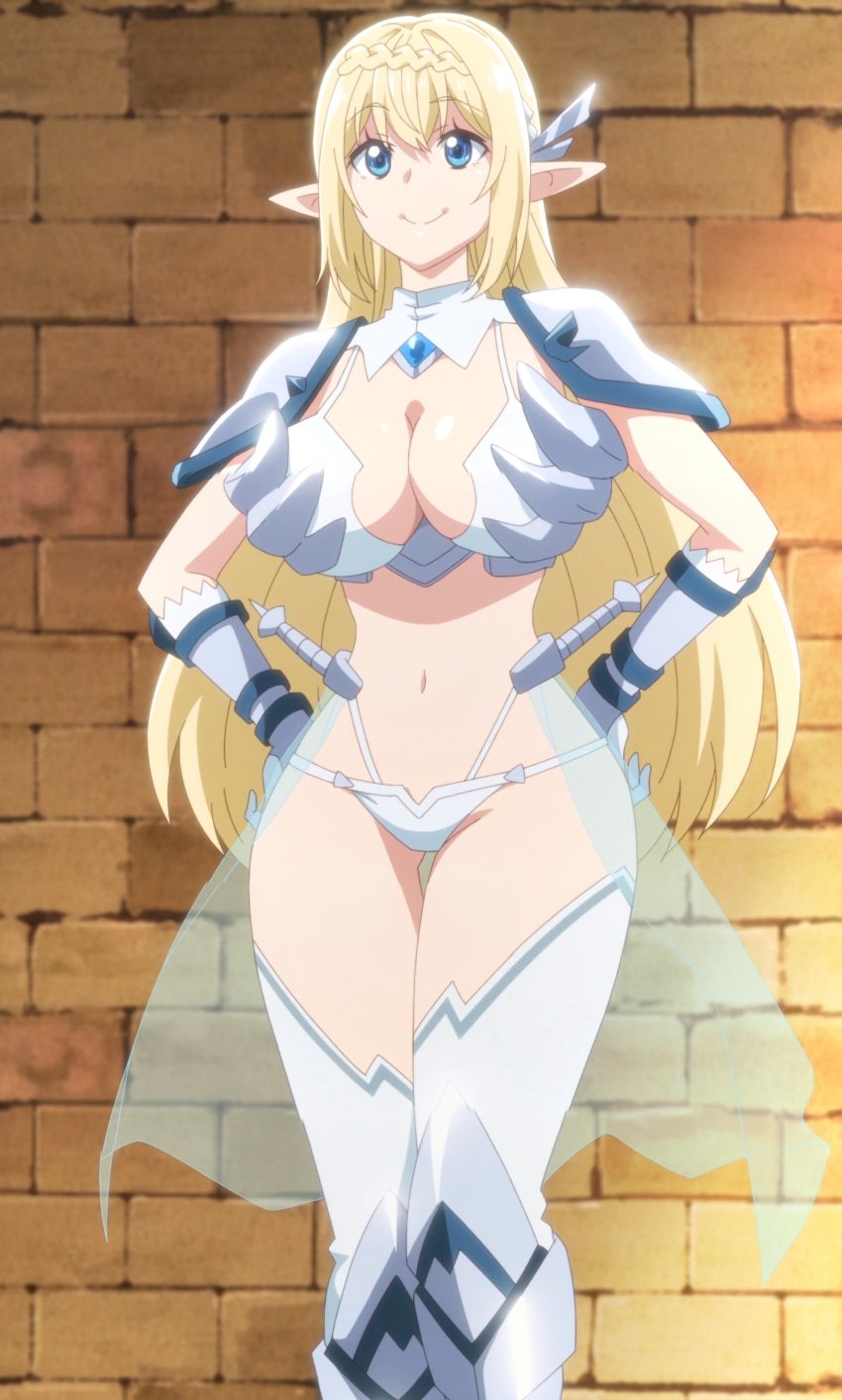 1girls anime_screenshot aria_(beheneko) armor bikini_armor blonde_hair blue_eyes breasts elbow_gloves elf gloves hands_on_own_hips highleg large_breasts legs long_hair navel pointy_ears s-rank_monster_no_"behemoth"_dakedo_neko_to_machigawarete_elf_musume_no_pet_toshite_kurashitemasu shoulder_armor smile thighs thong transparent_skirt white_gloves