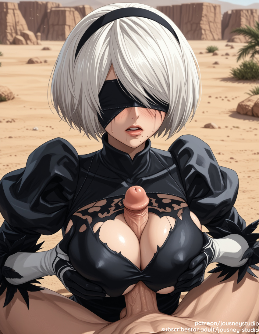 1boy ai_generated bangs between_breasts black_blindfold black_dress black_gloves black_hair_ornament black_hairband blindfold blush breast_press breasts breasts_squeezed_together cleavage cleavage_cutout clothed_female clothed_female_nude_male clothing clothing_cutout covered_eyes desert dress erection eyewear feather-trimmed_sleeves female gloves hairband headwear huge_breasts jousneystudio juliet_sleeves large_breasts large_penis light-skinned_female light_skin lips long_sleeves looking_at_viewer male male_pov mole mole_under_mouth nier:_automata nier_(series) nier_replicant nipples nude nude_male open_mouth outdoors paizuri paizuri_under_clothes penis pov puffy_sleeves short_hair solo_focus straight testicles torn_clothes uncensored upper_body veins veiny_penis web_address white_hair yorha_2b