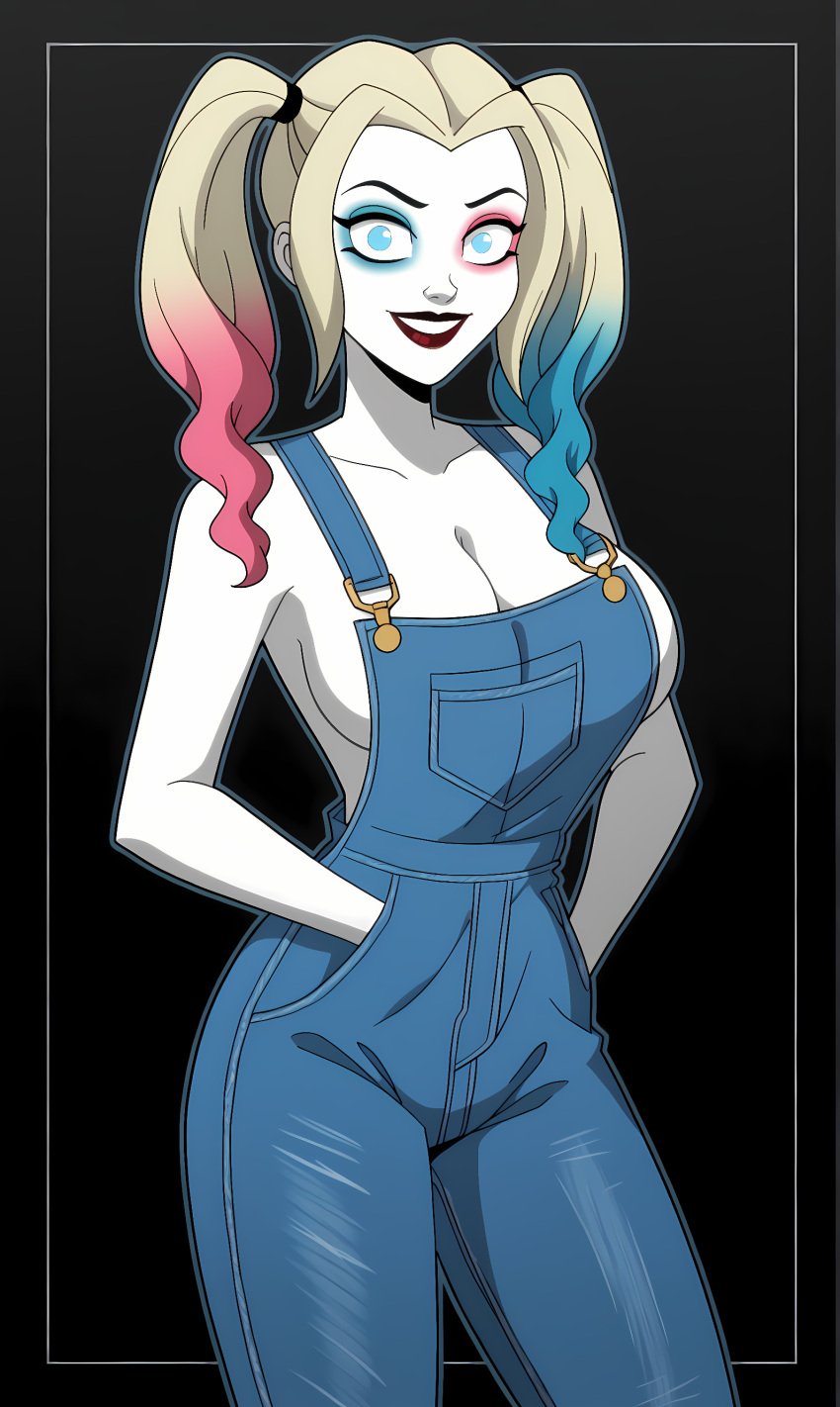 ai_generated batman_(series) big_breasts bonnieaiart boobs breasts dc_comics evil_smile harley_quinn harley_quinn_(2019) no_bra overalls_only pale_skin shirtless shirtless_female smile twintails white_skin