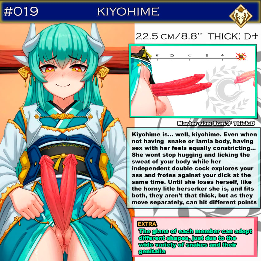 ai_generated animal_genitalia character_sheet clothed english_text fate/grand_order fate_(series) futa_only futanari green_hair horns kiyohime_(fate/grand_order) multiple_penises penis_chart size_difference size_talk snake_penis text uncensored