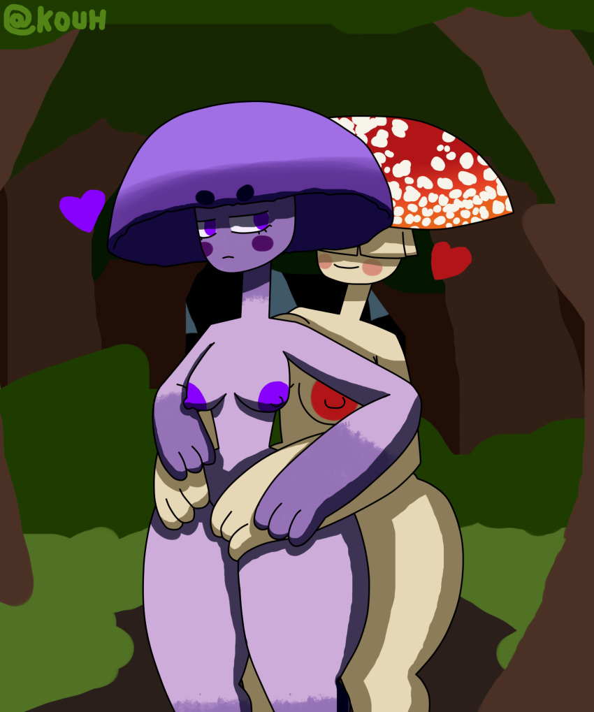 anthro ass breasts curvy_figure deiny_(kouh) detailed_background duo elemental_creature elemental_humanoid eyebrows female female/female fingers forest fungi_fauna fungi_humanoid fungus hi_res humanoid kouh multicolored_body mushroom mushroom_humanoid nipples nude open_mouth purple_body purple_eyes purple_skin sky smile thyz_(kouh) tree two_tone_body voluptuous white_body wide_hips yuri