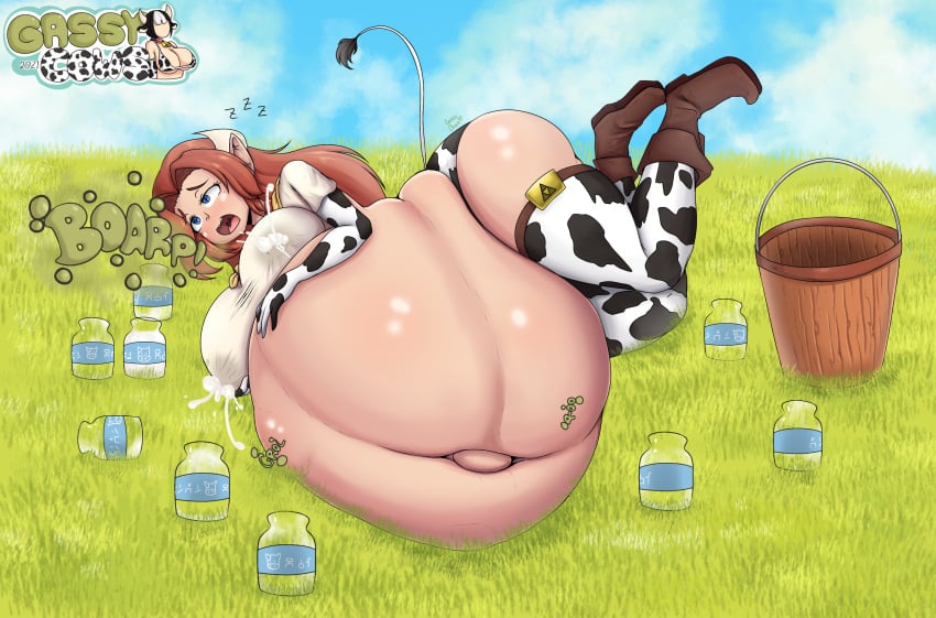 accidental_lactation alternate_version_available belly_bigger_than_body belly_overhang big_ass bloated bloated_belly burp burp_cloud burp_fetish burping cow_ears cow_girl cow_print cow_tail funlitogc gassychan_(artist) gurgle gurgling gurgling_noise happy_female huge_breasts lactating lactation malon milk milk_bottles milk_squirt morbidly_obese morbidly_obese_female nintendo on_side overweight overweight_female the_legend_of_zelda