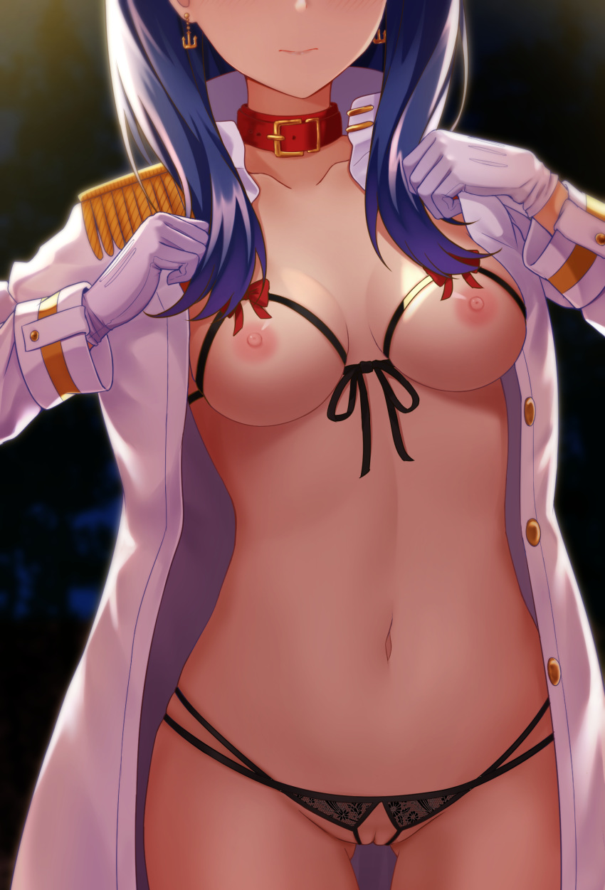 aiguillette blue_hair bow breasts choker coat collarbone cowboy_shot earrings female gluteal_fold head_out_of_frame highres jewelry lingerie long_sleeves looking_at_viewer medium_breasts military military_uniform navel nipples open_clothes pussy red_bow rko_(a470350510) solo ssss.gridman stomach takarada_rikka unbuttoned underwear uniform