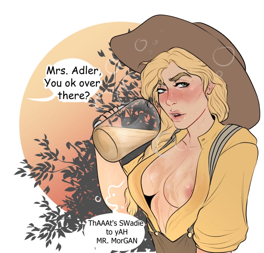 2d alcohol areolae beer beer_mug big_breasts blonde_hair blush breasts clothing cowboy_hat dialogue drinking drunk english_text ezhaillia female female_only freckles hair hat long_hair looking_at_viewer nipples open_clothes open_shirt red_dead_redemption_(series) red_dead_redemption_2 rockstar_games sadie_adler shirt solo solo_focus speech_bubble text video_games