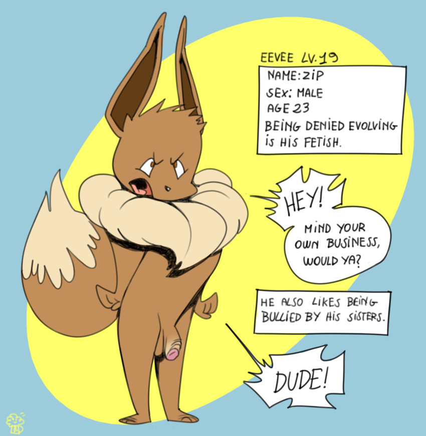 1boy angry anthro big_ears brown_eyes brown_fur canine eevee flaccid furry long_ears male male_only mammal nintendo nude oddjuice original_character penis pokémon_(species) pokemon pokemon_(species) pokemon_rgby simple_background solo source_request standing tail testicles text video_games watermark