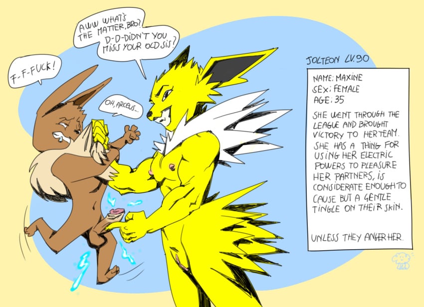 1boy 1girls abs ahe_gao anthro arm_grab big_ears black_eyes brother brother_and_sister brown_eyes brown_fur canine drooling duo eevee eeveelution electricity electrocution electrostimulation erection feet female furry grin holding incest interspecies jolteon long_ears male malesub mammal muscular nintendo nipples nude oddjuice original_character pain penis pokémon_(species) pokemon pokemon_(species) pokemon_rgby pussy saliva simple_background sister size_difference smile source_request spread_legs standing straight tail teeth testicles text video_games white_fur yellow_fur