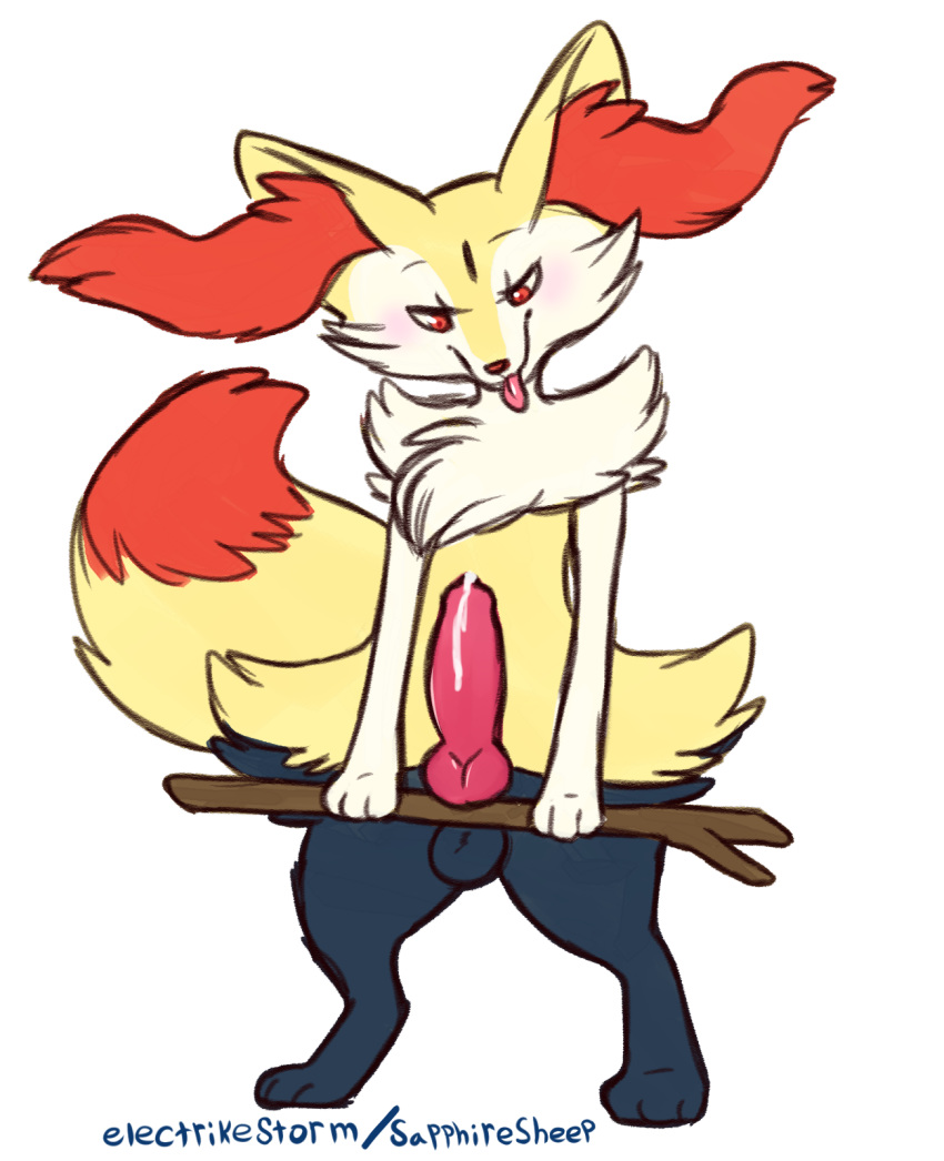 2019 animal_genitalia animal_penis anthro balls blep braixen canine canine_penis electrikestorm erection front_view fur hi_res inner_ear_fluff male male_only mammal nintendo penis pokémon_(species) pokemon pokemon_(species) precum red_eyes simple_background solo standing stick tongue tongue_out video_games white_background