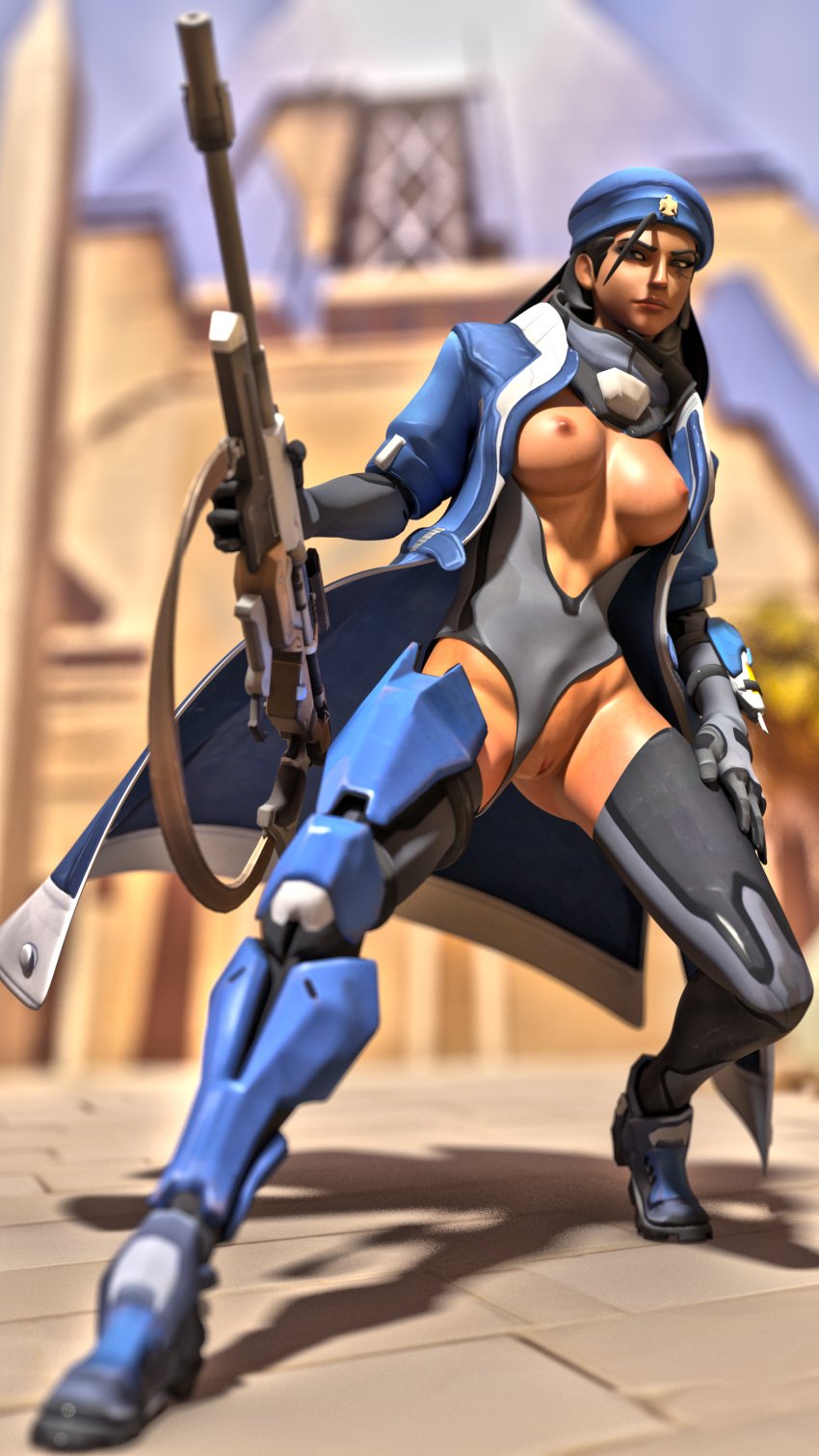 3d ana_amari areolae beret blizzard_entertainment breasts captain_amari female female_only guiltyk highleg_leotard leotard nipples overwatch pussy ranged_weapon solo tagme temple_of_anubis_(map)