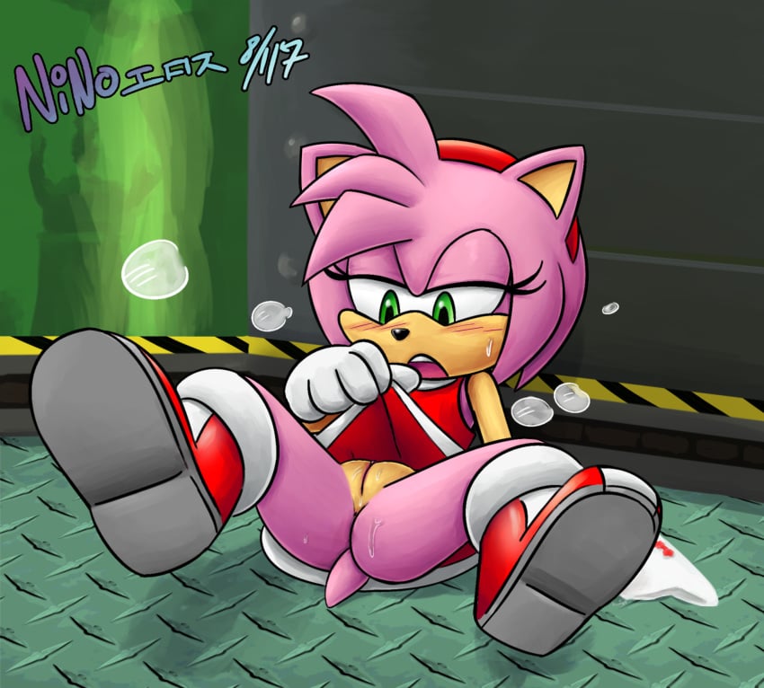 2018 amy_rose anthro bedroom_eyes blush boots bottomless clothed clothing female final_egg footwear green_eyes half-closed_eyes hedgehog hi_res mammal ninoeros no_panties open_mouth panting pink_fur pussy raised_skirt seductive simple_background solo sonic_(series) sonic_adventure soubriquetrouge sweat sweatdrop tail video_games