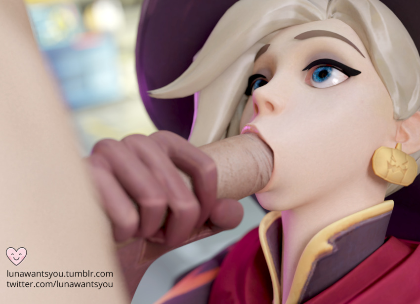 3d alternate_costume blizzard_entertainment blonde_hair blue_eyes breasts duo fellatio female looking_at_viewer lunawantsyou male mercy nipples overwatch penis smile straight tagme tumblr_username twitter_username wings witch_hat witch_mercy