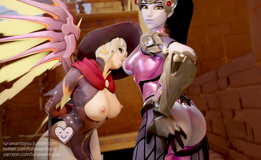 3d alternate_costume ass blizzard_entertainment blonde_hair blue_eyes blue_hair blue_skin bodysuit breast_sucking breasts duo erect_nipples female female_only headgear looking_at_viewer lunawantsyou mercy nipple_suck nipples overwatch patreon_username smile temple_of_anubis_(map) thong torn_clothes tumblr_username twitter_username widowmaker wings witch_hat witch_mercy yellow_eyes yuri