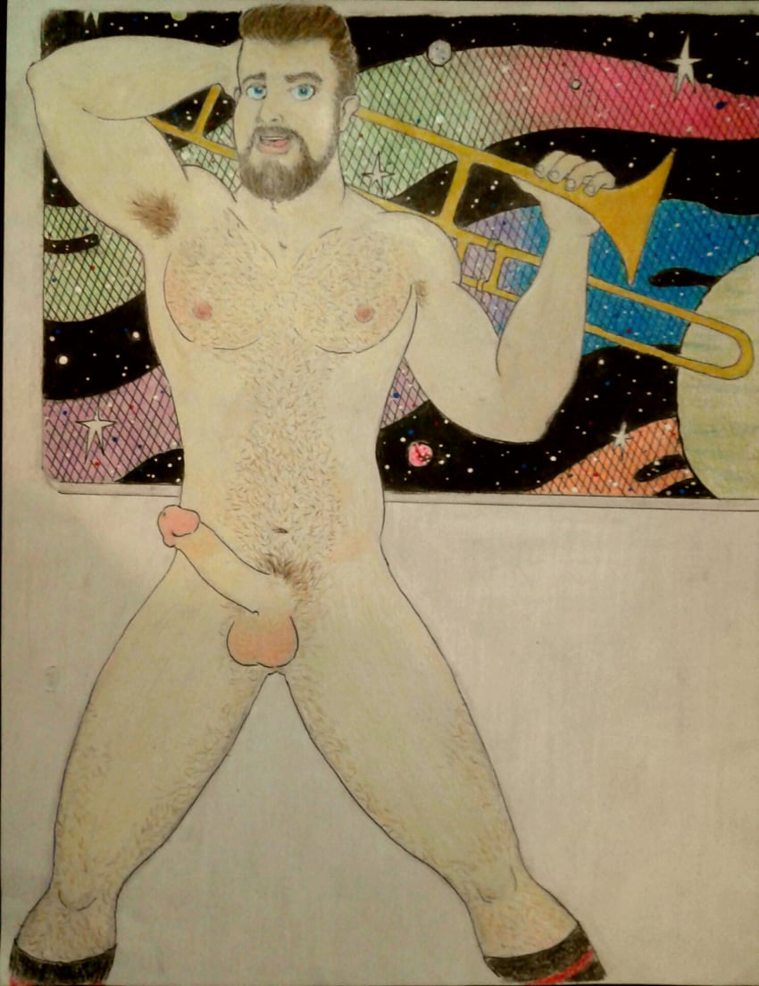 1boy 2018 armpit_hair armpits beard blue_eyes brown_hair celebrity erect_nipples erection facial_hair hairy_chest hand_behind_head human jonathan_frakes legs_apart looking_at_viewer male male_only muscles muscular musical_instrument naked outer_space pencil_crayon_(medium) penis pinup pubes socks solo star_trek star_trek_the_next_generation testicles trombone william_riker