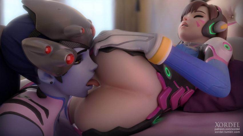 2girls 3d anilingus ass d.va female female_only lesbian open_mouth oral overwatch rimjob rimming tongue tongue_out widowmaker xordel yuri