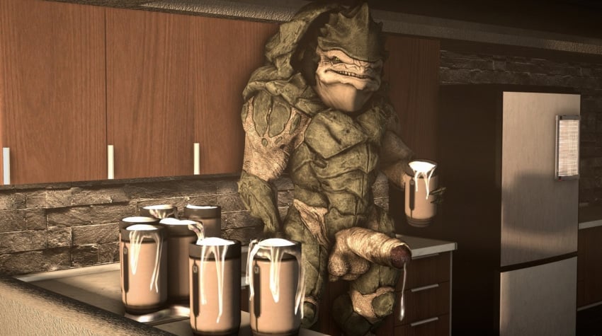 3d alien balls big_balls big_penis counter cum cum_in_a_cup cup cupboards eradossfm excessive_cum fridge huge_cock kitchen krogan male male_only mass_effect multi_balls multi_genitalia muscular muscular_male penis sagging_balls thick_penis uncut video_games