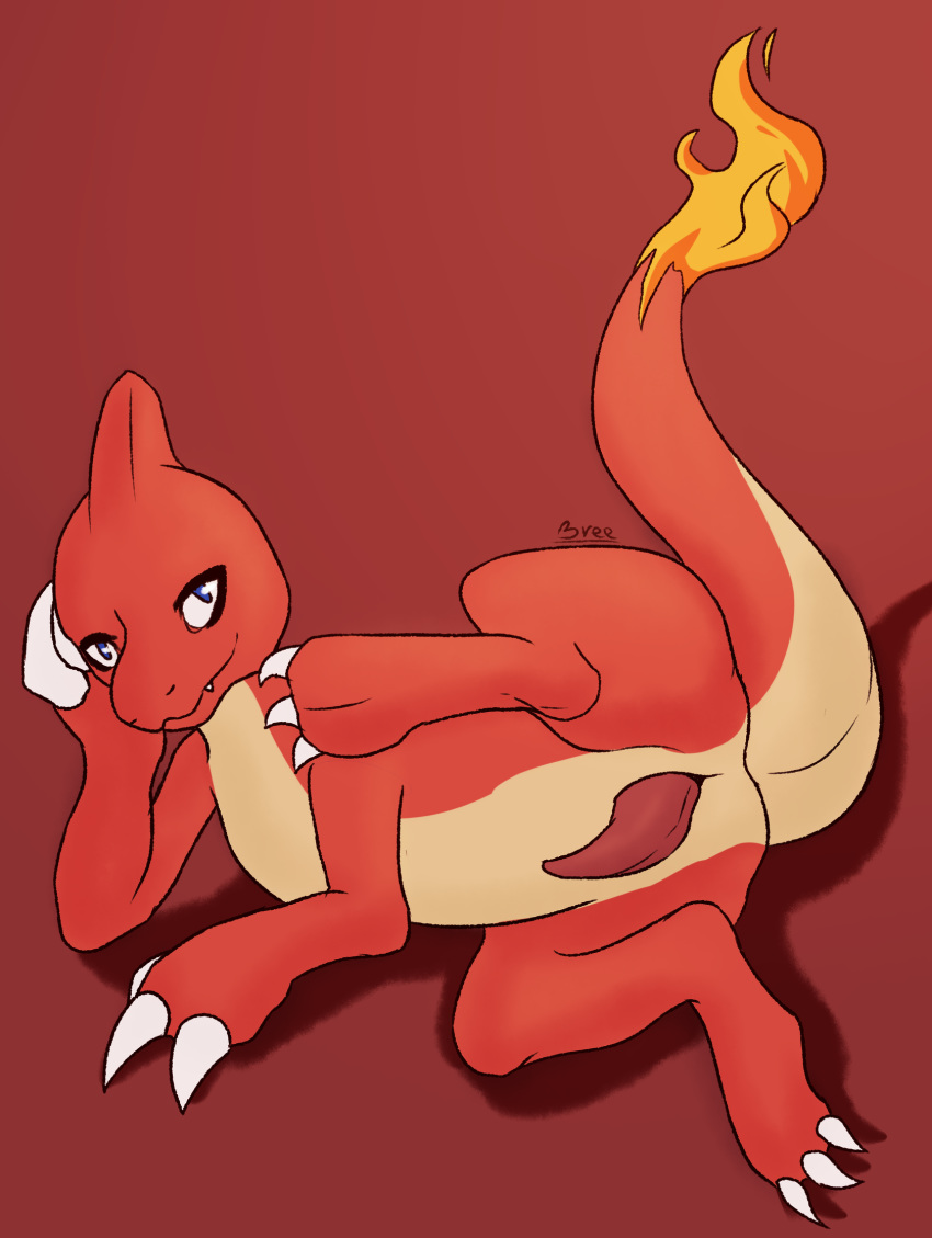 1boy 2018 3_toes arm_support blue_eyes breeoche charmeleon claws erection feet fire flaming_tail looking_at_viewer male male_only nintendo nude on_side penis pokémon_(species) pokemon pokemon_rgby presenting red_skin scalie shadow simple_background smile soles solo tail tapering_penis teeth text video_games watermark yellow_skin