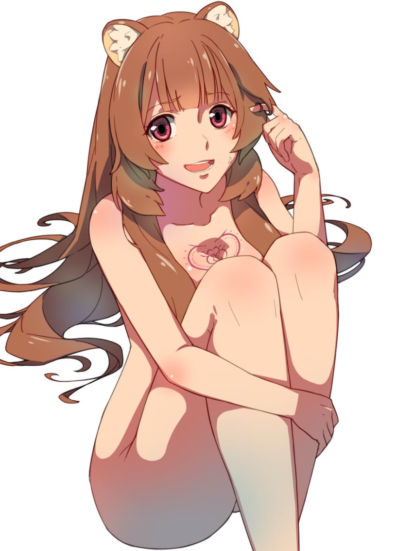 1girls animal_ears animal_humanoid bangs blush brown_hair chest_tattoo chiharu_(9654784) female female_only knees_on_chest knees_up long_hair looking_at_viewer nude pink_eyes playing_with_hair raccoon raccoon_ears raphtalia simple_background slave slave_crest solo tate_no_yuusha_no_nariagari tattoo very_long_hair white_background