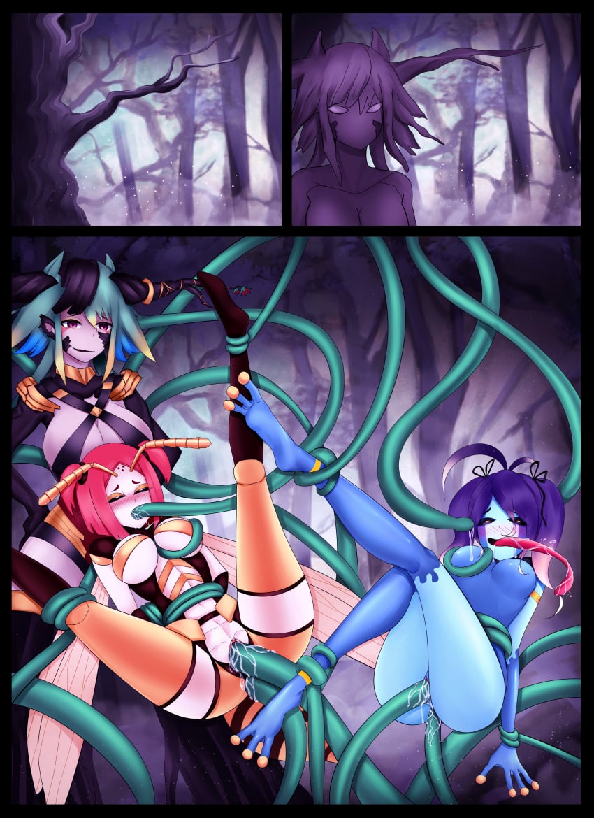 3girls ahe_gao anal antennae black_sclera blue_hair blue_skin bondage breasts chumumi_(monster_girl_island) comic double_penetration exoskeleton female female_only frog_girl hands_on_hips insect_girl insect_wings long_tongue monster_girl monster_girl_island multiple_girls naked nude oral plant plant_girl purple_eyes pussy rape red_hair restrained rolling_eyes spread_legs surprise_sex suzu_(monster_girl_island) tentacle tentacle_sex threesome tongue tongue_out transformation triple_penetration twintails vaginal_penetration wasp wasp_girl wings yellow_eyes yggdrasil_(monster_girl_island)