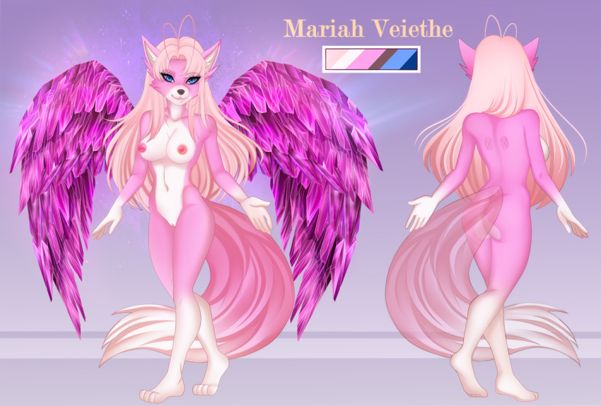 adorableinall ahoge anthro blue_eyes breasts canine crystal female fur furry long_hair mammal mariah_veiethe nipples nude pink_fur pink_hair pussy wings wolf