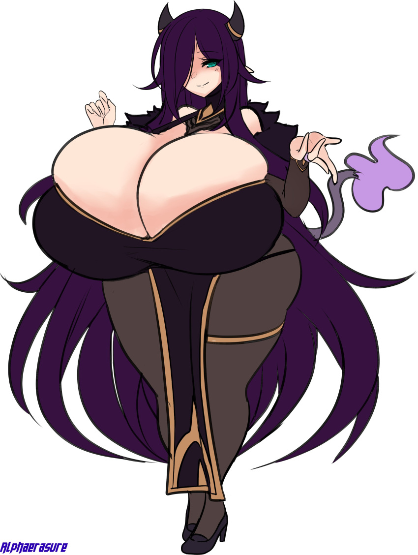 alphaerasure barely_contained boob_window fur_coat green_eyes hair_covering_one_eye heels horns large_ass long_hair looking_at_viewer mari_(alphaerasure) massive_breasts no_visible_genitalia original_character purple_hair short_horns smiling smiling_at_viewer tail thin_waist wide_hips