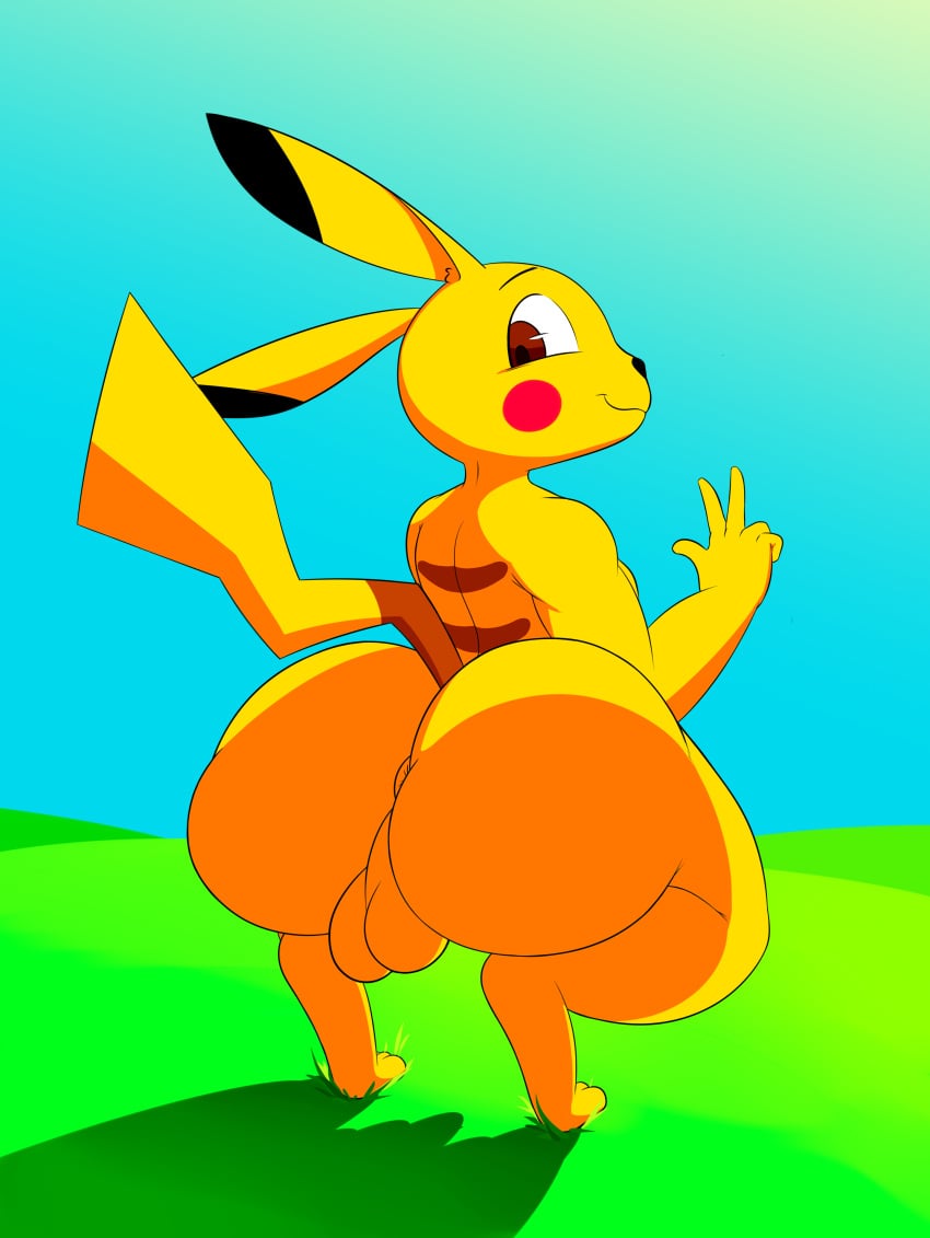 1boy anthro anus ass fur furry grass huge_ass looking_at_viewer looking_back male male_only nintendo nude pikachu pokémon_(species) pokemon pokemon_rgby rear_view simple_background sitting smile solo source_request tail testicles thick_thighs v video_games vun wide_hips yellow_fur