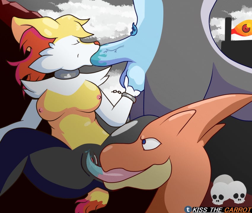 1girls 2018 2boys animal_genitalia animated anthro background ball_fondling black_fur black_skin braixen breasts charizard cunnilingus dragon female furry interspecies kiss_the_carrot licking licking_pussy male mega_charizard_x mega_charizard_y mega_evolution nintendo nipples oral oral_sex original_character penis pokémon_(species) pokemon pokemon_(species) pokemon_rgby pokemon_xy pokemorph pussy red_skin saliva scalie slave straight tail testicle_grab testicles text tongue tongue_out veins veiny_penis watermark white_fur yellow_fur