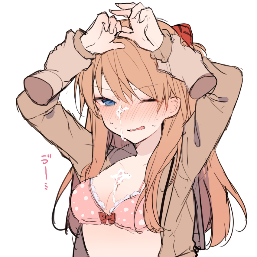 1girls arms_above_head asuka_langley_sohryu blue_eyes blush bow bow_bra bra breasts clothing cum cum_on_breasts cum_on_face cute disembodied_hands disembodied_limb eyebrows_visible_through_hair facial female grey_shirt hands_up headgear highres ikeuchi_tanuma light_brown_hair long_hair long_sleeves medium_breasts neon_genesis_evangelion nose_blush one_eye_closed open_clothes open_shirt pink_bra restrained shirt simple_background small_breasts solo_focus sweatdrop underwear upper_body white_background