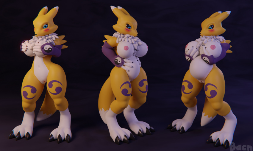 1girls 2018 3_toes 3d anthro areola armwear bacn big_breasts black_sclera blue_eyes blush breast_expansion breasts canine claws clothed clothing digimon digimon_(species) female female_only huge_breasts inflation looking_at_viewer mammal naked nipples nude pussy renamon simple_background solo standing thick_thighs toes topless tuft