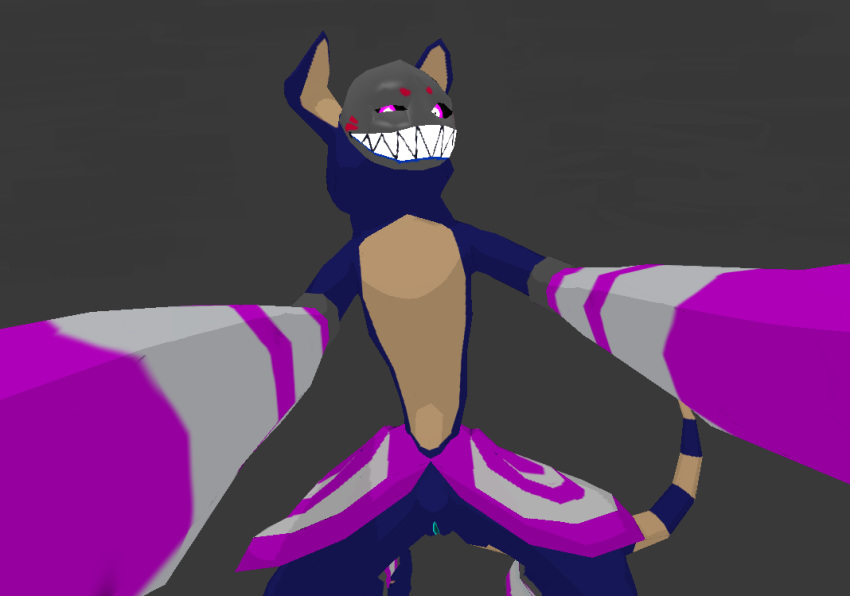 3d blue_fur canine clothing female first_person_view fur gallil gloves kneeling kova_(gallil) mammal mask monster mostly_nude multicolored_eyes multicolored_fur pussy smile striped_tail stripes teeth two_tone_fur unknown_(disambiguation)