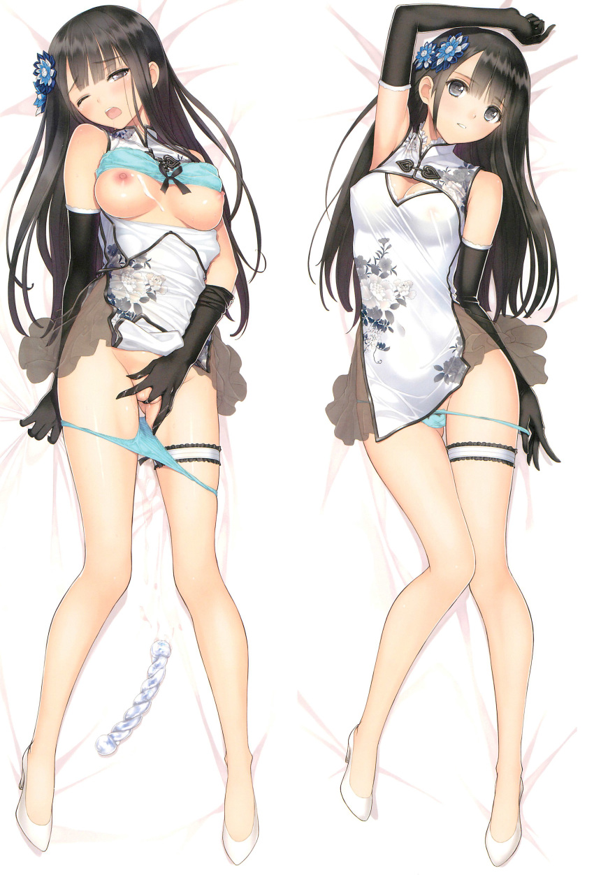 absurdres arm_up black_gloves black_hair blush china_dress chinese_clothes cum cum_on_body dakimakura dress dual_persona elbow_gloves female female_only fingering full_body gloves green_panties highres legs long_hair looking_at_viewer lying masturbation open_mouth original panties panties_removed pussy_juice qipao scan sex_toy shorts taka_tony underwear