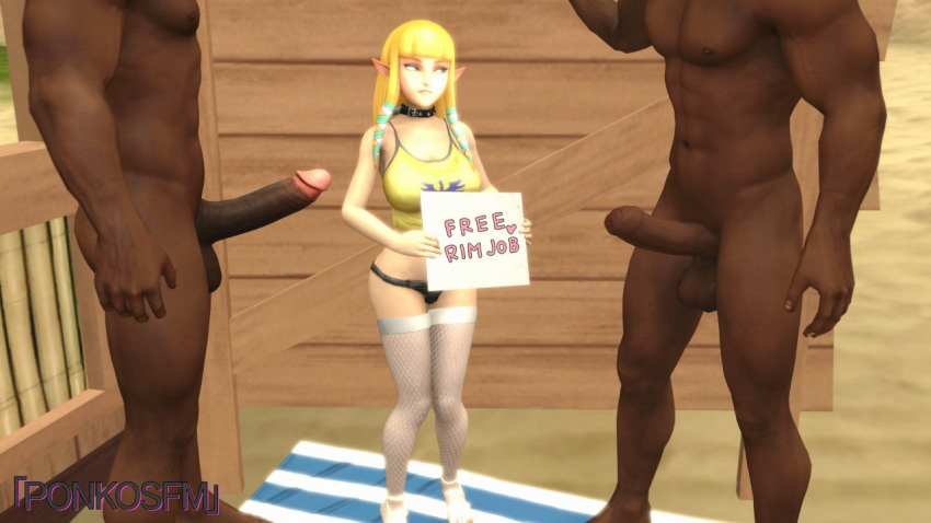 2boys 3d breasts choker clothed_female_nude_male collar dark-skinned_male elf female fishnet_stockings free_rimjob interracial large_breasts large_penis male nintendo pointy_ears ponkosfm princess_zelda sign skyward_sword the_legend_of_zelda zelda_(skyward_sword)