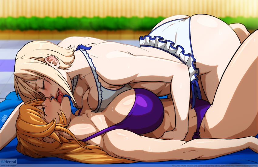 2girls bathing_suit bikini blonde_hair blush breast_squeeze cousins hands-free hi_res incest interlocking_nipples kissing large_breasts long_hair lying_down lying_on_back multiple_girls naavs nakiri_alice nakiri_erina orange_hair shadow shokugeki_no_souma short_hair sweat tongue_in_mouth tongue_out yuri