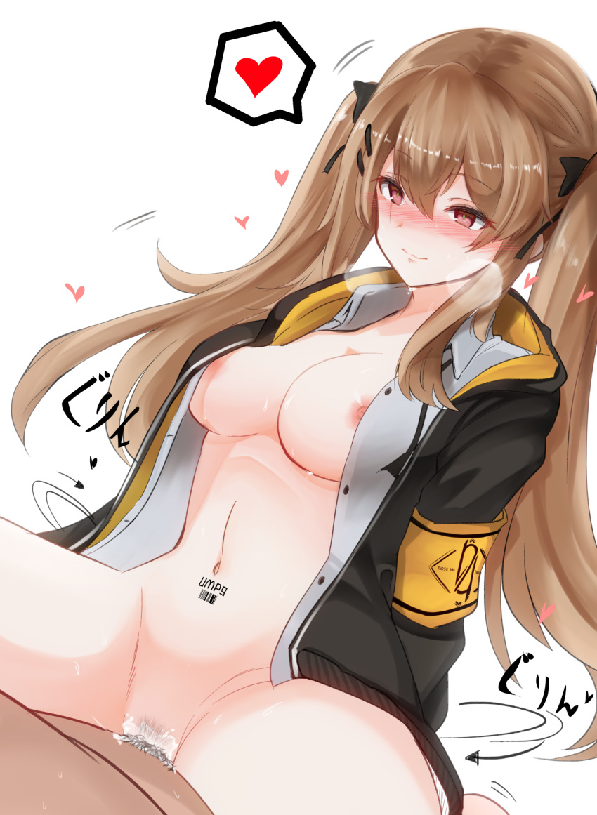 10eki_(tenchou) 1boy areolae bangs barcode barcode_tattoo blush bottomless breasts brown_eyes brown_hair character_name clothed_female_nude_male cum cum_in_pussy eyebrows_visible_through_hair female girls'_frontline hair_ornament hairclip heart heavy_breathing highres jacket long_hair male navel nipples nude open_clothes ribbon scar scar_across_eye sex shirt smile solo_focus spoken_heart stomach straight sweat tattoo twintails ump9_(girls'_frontline) vaginal_penetration