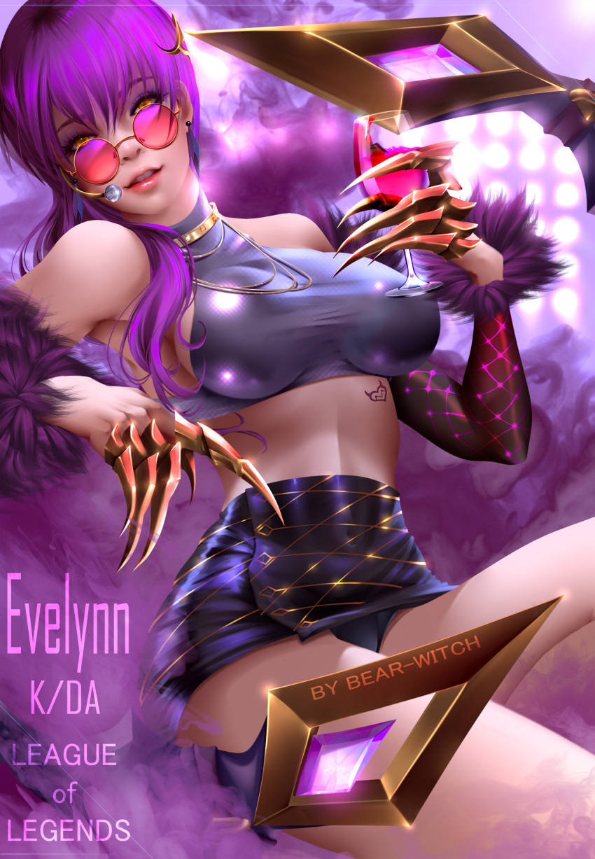 alternate_costume bearwitch big_breasts breasts cleavage evelynn female female_only k/da_evelynn k/da_series large_breasts league_of_legends lipstick looking_at_viewer looking_over_eyewear looking_over_glasses pink-tinted_eyewear solo sunglasses tinted_eyewear