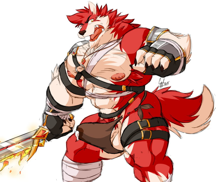 anthro balls canine clothing daikitei erection erection_under_clothes male male_only mammal melee_weapon muscular muscular_male open_mouth precum_through_clothing pubes solo standing sword underwear vein weapon