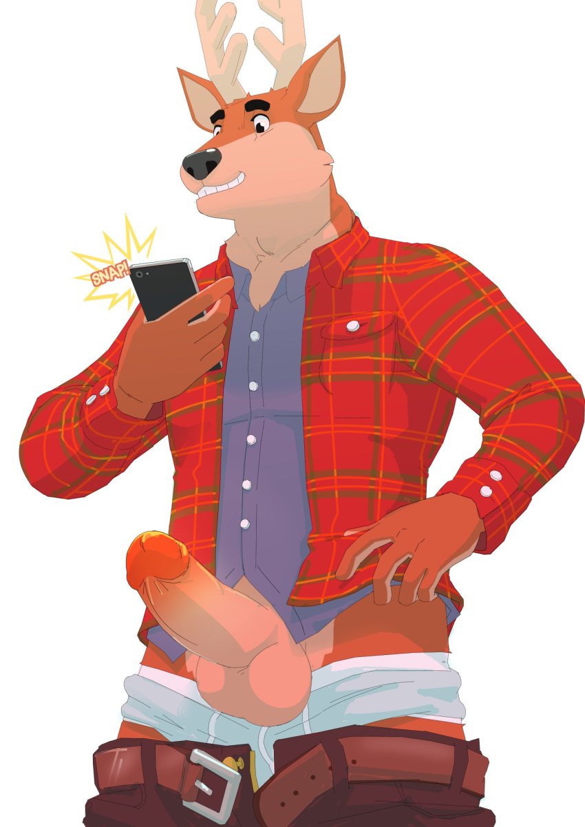 2018 anthro antlers balls big_penis black_nose cervine clothed clothing daire301 erection ezra_(profqueerman) fur horn humanoid_penis male male_only mammal multicolored_fur pants_down partially_clothed penis perineum phone plaid smile solo standing two_tone_fur underwear