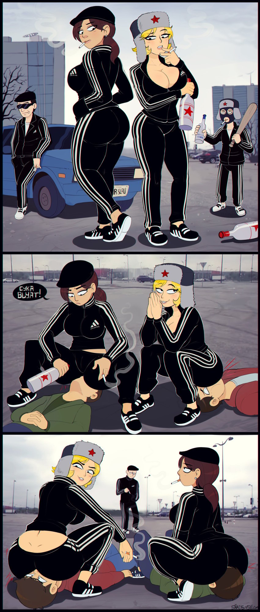 2girls adidas ass ass_cleavage bimbo blonde_hair breasts brown_hair bubble_butt butt_crack cigarette cleavage clothed comic facesitting female gopnik hat large_breasts male ponytail shadman short_hair smoking speech_bubble squatting streetwear tracksuit ushanka vodka