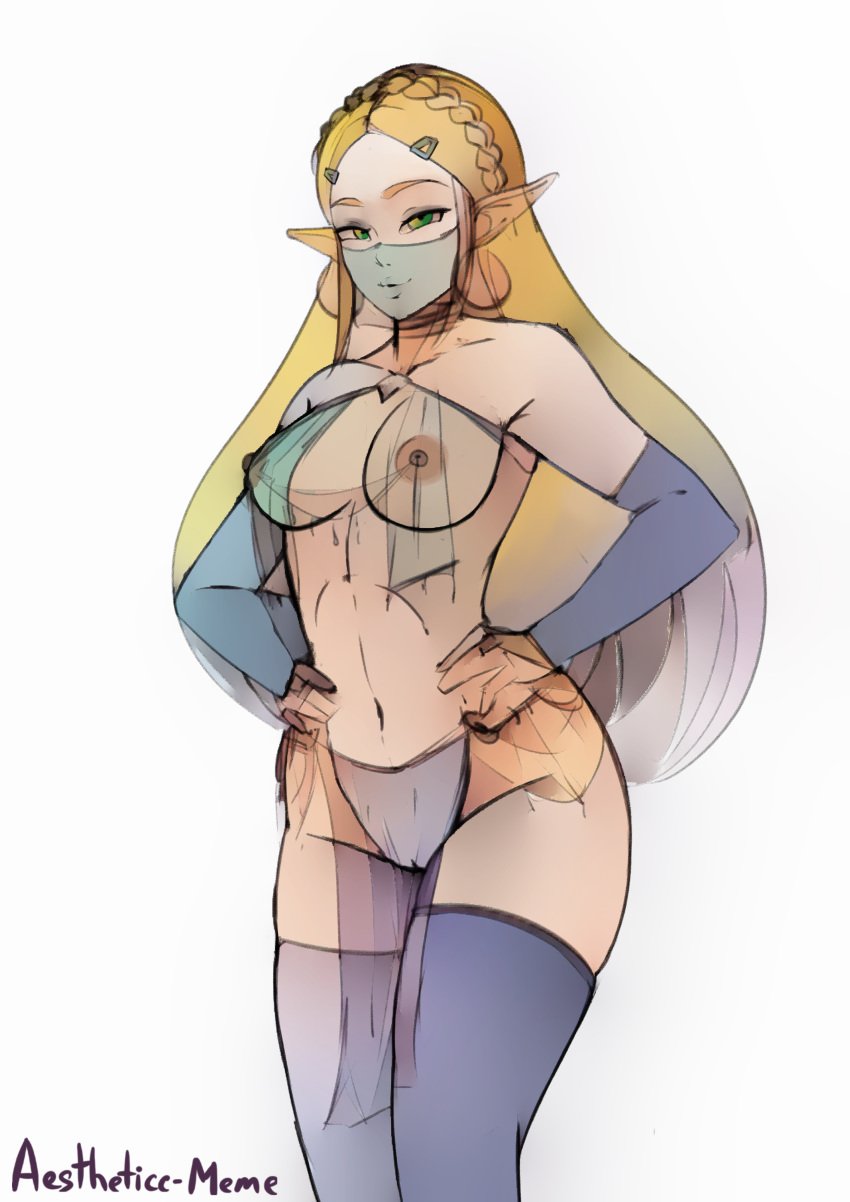 1girls aestheticc-meme areolae armwear bad_censor barely_clothed belly_button blonde_hair breasts breath_of_the_wild cleavage demigoddess earrings erect_nipples erect_nipples_under_clothes female female_only gerudo_outfit gerudo_outfit_zelda gerudo_veil green_eyes hairless_pussy hands_on_hips harem_outfit hourglass_figure jewelry legwear loincloth long_hair long_hair_female long_penis looking_at_viewer medium_breasts nintendo nipples pelvic_curtain perky_breasts princess_zelda pussy slave solo the_legend_of_zelda thighhighs tight_clothing veil very_long_hair zelda_(breath_of_the_wild)