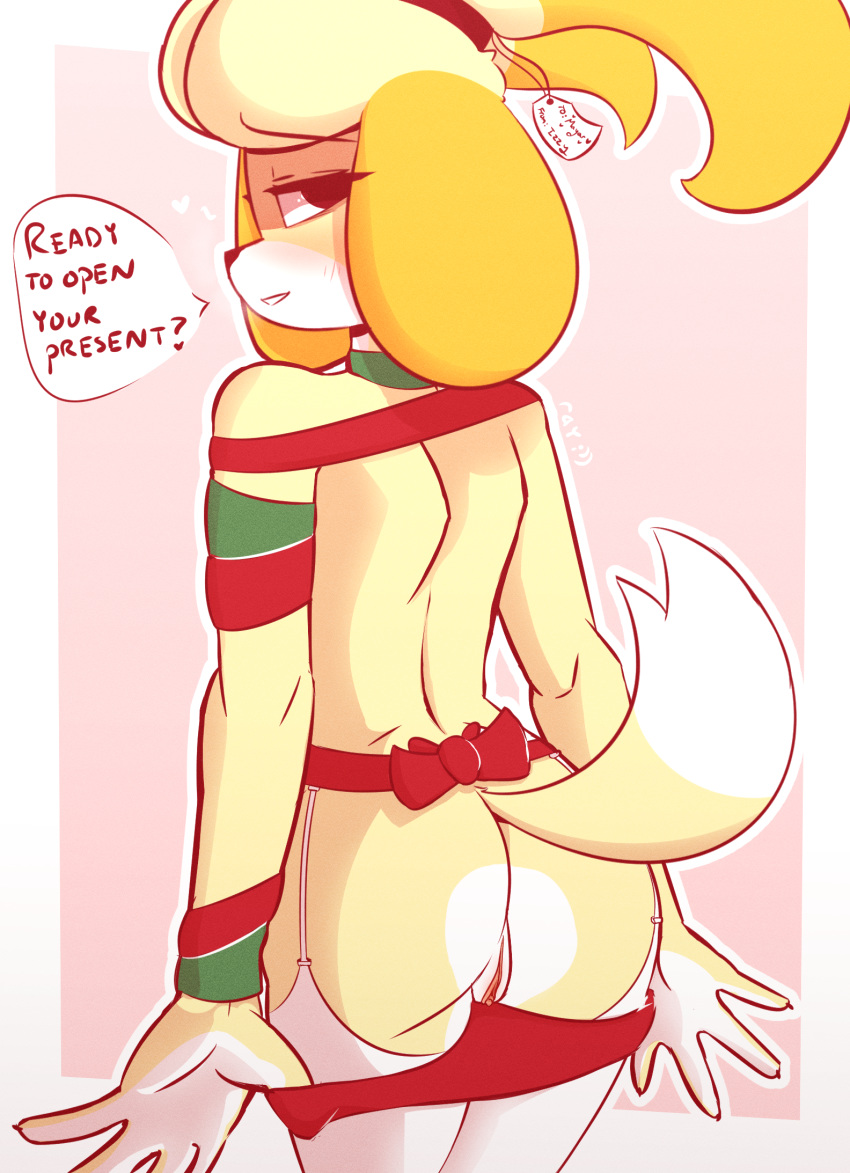 2018 animal_crossing anthro ass blush canine clitoris dialogue female fur furry heart highres isabelle_(animal_crossing) mammal nintendo nude panties panties_down pussy raydio shih_tzu simple_background smile solo text underwear white_fur yellow_fur