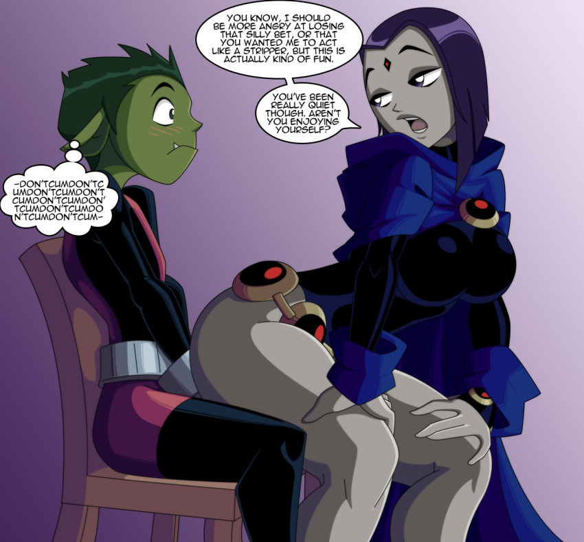 beast_boy belt big_breasts black_leotard blush cartoon_network chair cloak clothing dc_comics demon_girl dialogue dry_humping edit female forehead_jewel garfield_logan green_skin grey_skin grinding human lap_dance lapdance leotard lost_bet male metahuman outerwear pointy_ears purple_eyes purple_hair rachel_roth raven_(dc) ravenravenraven short_hair speech_bubble spiked_hair straight superhero superheroine teasing teen_titans thought_bubble