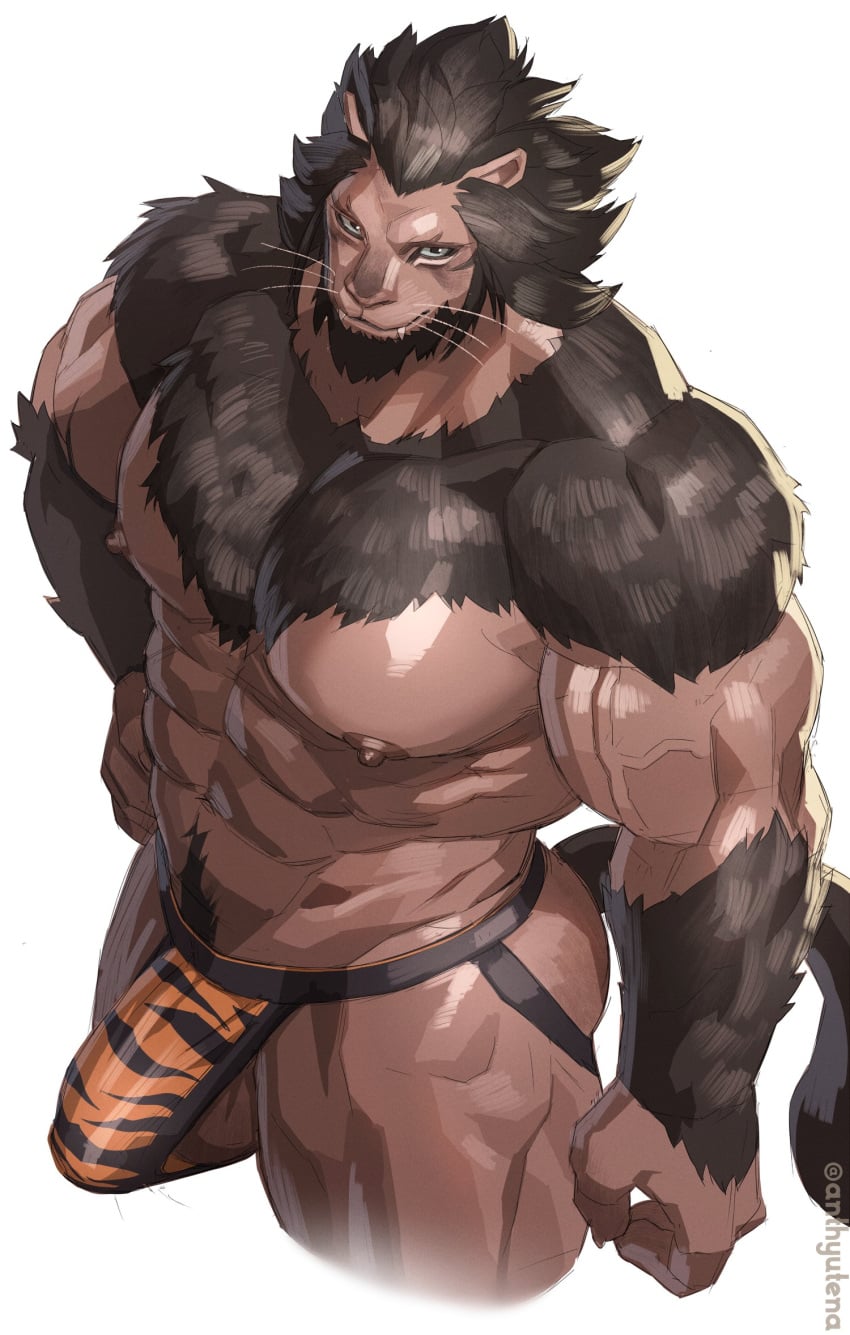 2023 abs animal_print anthro balls barazoku biceps brown_body brown_fur bulge claws clothing detailed_bulge facial_hair fangs felid final_fantasy final_fantasy_xiv finger_claws fur genital_outline genitals hair hi_res hrothgar jockstrap male mammal muscular muscular_anthro muscular_male nipples pecs penis penis_outline pinup portrait pose pubes quads sharp_teeth simple_background solo square_enix tail teeth three-quarter_portrait tiger_print triceps underwear vein veiny_muscles wasp_(artist) whiskers white_background