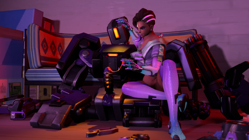 3d bastion_(overwatch) blizzard_entertainment clothed clothing cum cum_on_hand cum_string detachable domination duo erection female grin hand_on_head human humanoid humanoid_penis machine male mammal metal_penis null_sector_bastion overwatch partially_clothed penis precum robot rtsfm smile sombra source_filmmaker straight unusual_position video_games