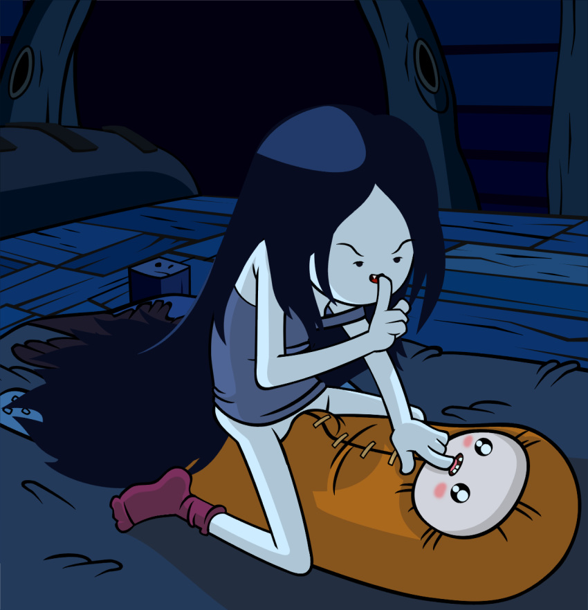 adventure_time bed black_eyes black_hair blush bottomless bulge cartoon_network cute_fang duo eye_contact fangs female female_on_top finn_the_human gesture grey_skin happyfuntimes highres human indoors long_hair looking_at_another male marceline night on_bed open_mouth shushing sitting_on_person sleeping_bag socks straight very_long_hair