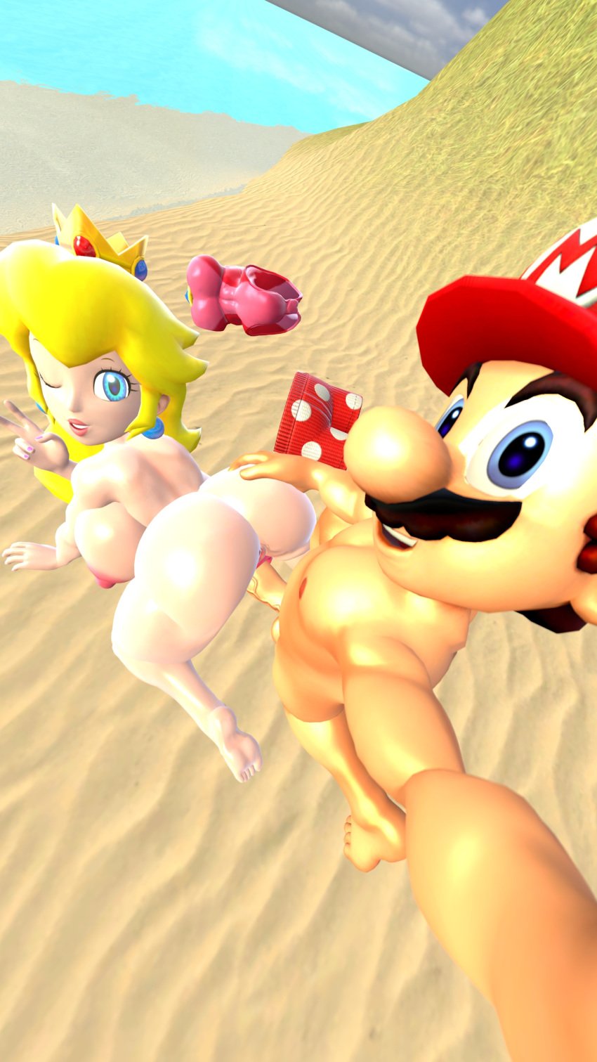 1boy 1girls 3d all_fours ass barefoot beach big_ass blonde_hair blue_eyes breasts doggy_style feet female gesture hand_on_ass happy_sex large_breasts looking_at_viewer male male_penetrating mario mario_(series) mxp1985 nintendo outdoors penis princess_peach self_upload selfie smile source_filmmaker straight thick_thighs v vaginal_penetration wink