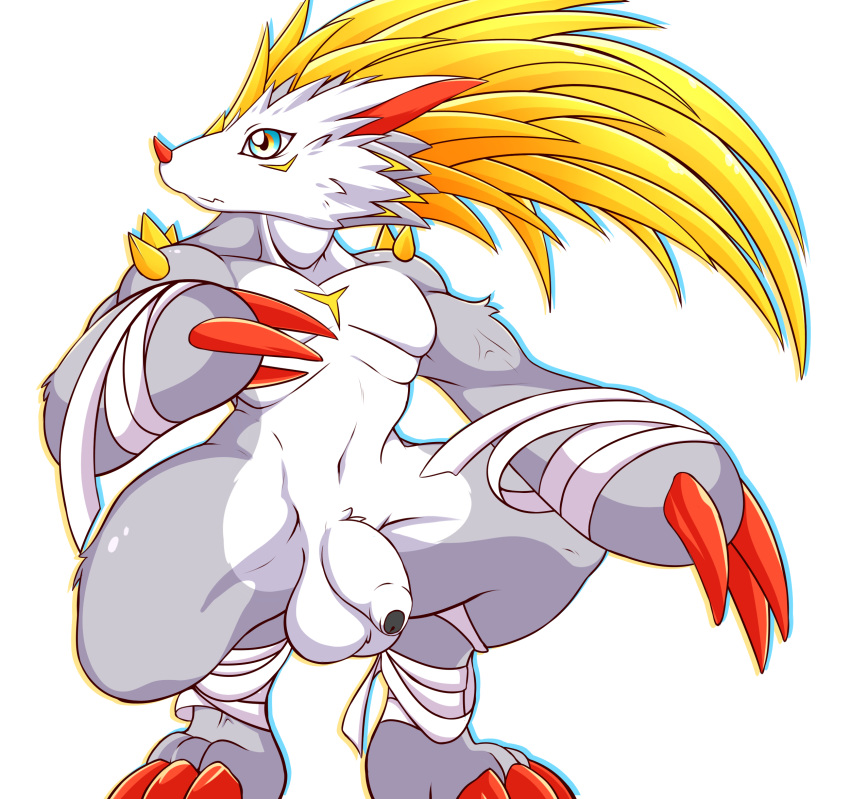 anthro balls claws clothing digimon digimon_(species) digimon_rearise filmon flaccid foreskin fur hedgehog humanoid_penis male male_only mammal muscular nude penis sagemerric simple_background solo standing toe_claws