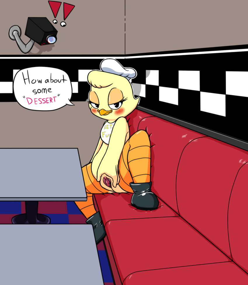 anthro avian beak bird blush chica_(fazbear_&_friends) chica_(fnaf) chicken fazbear_&_friends female five_nights_at_freddy's four-pundo hotdiggedydemon looking_at_viewer pussy smile solo video_games